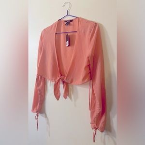 Women Salmon Solid Tie-Up Crop Shirt